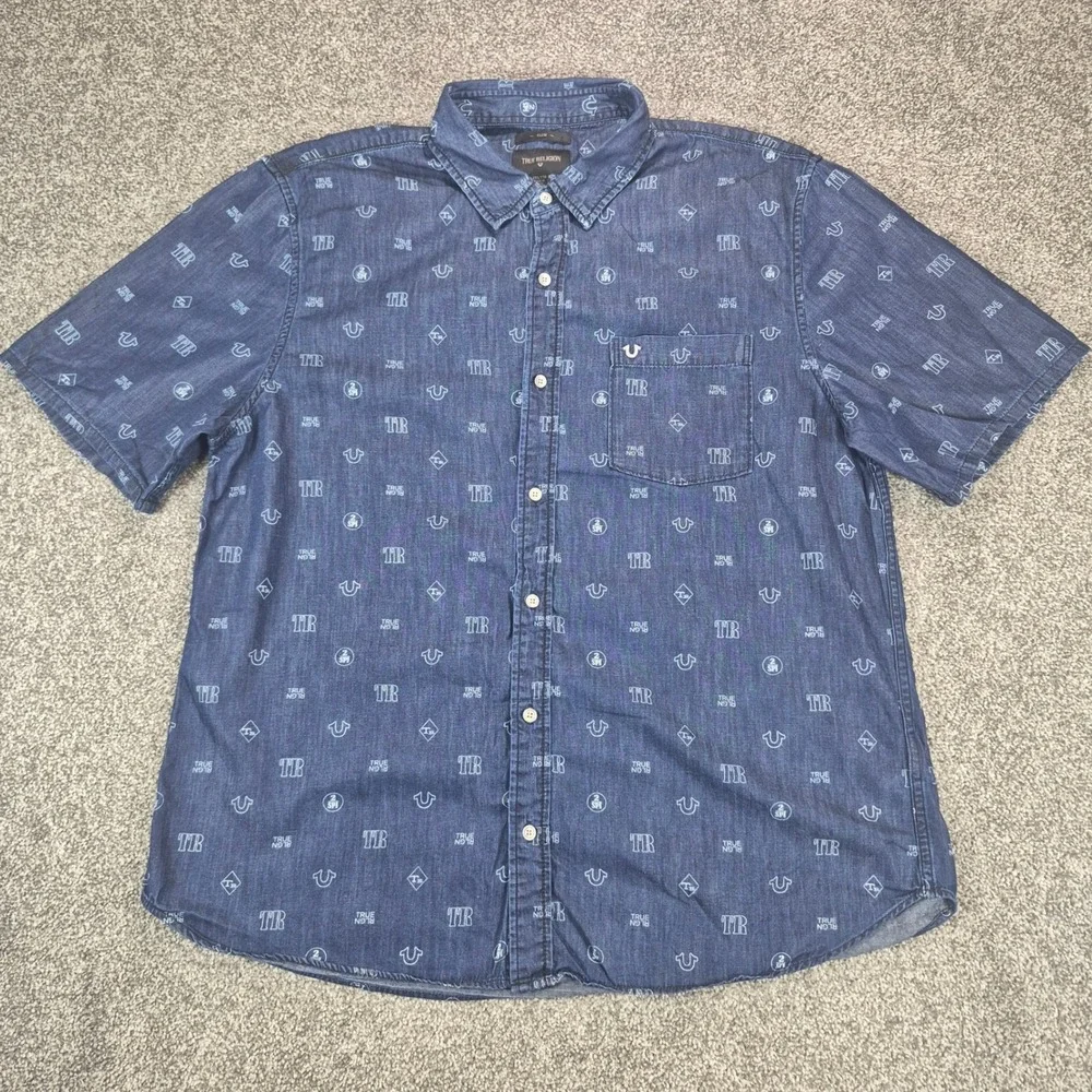 True Religion Button Up Shirt Mens 2XL Blue Cotton Silk Linen Blend Mono Print